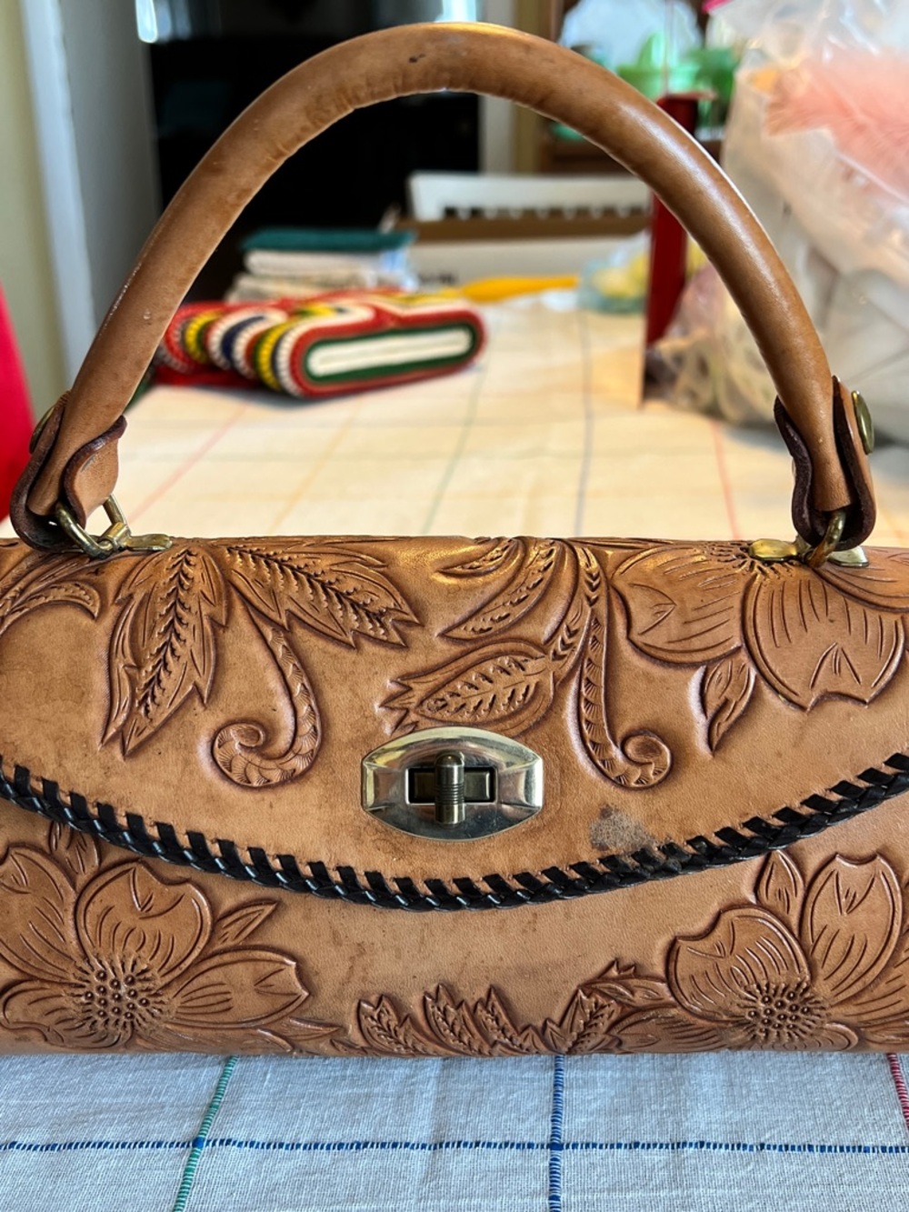 Vintage Hand-Tooled Floral Leather Top-Handle Bag in Tan